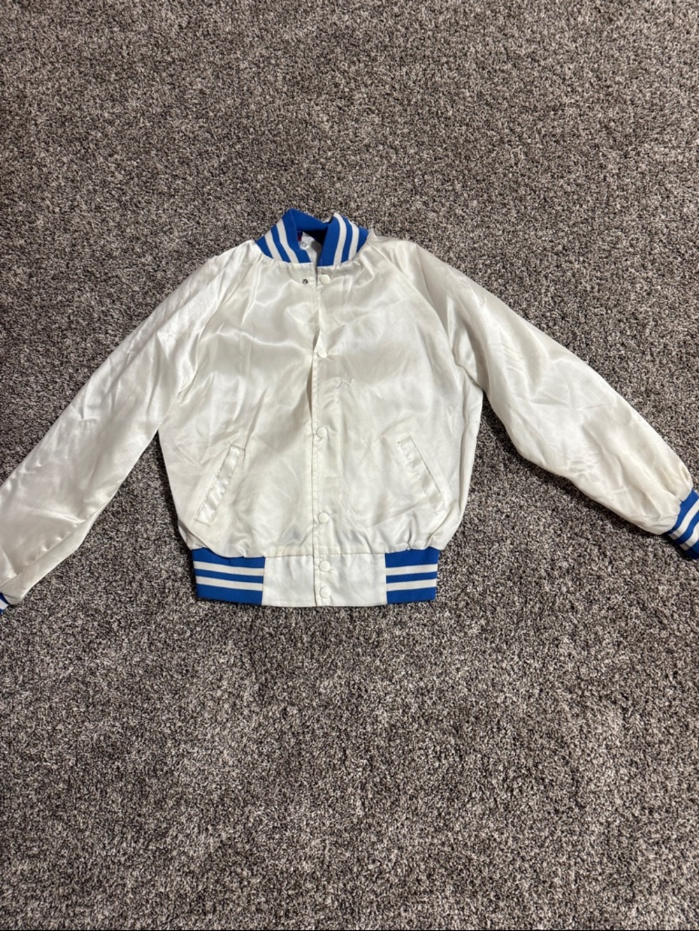 Kids vintage White Satin Bomber Jacket with Blue Trim